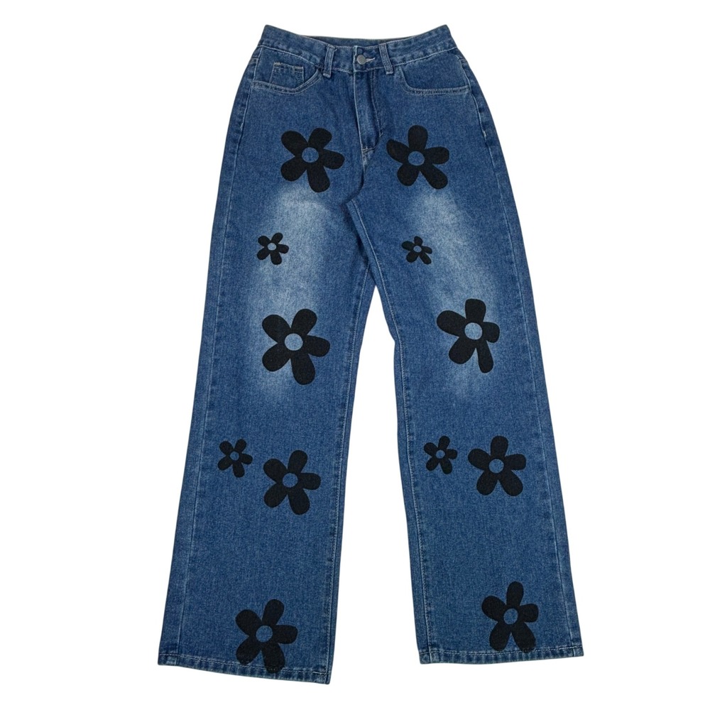 Floral Graphic Wide Leg High Waisted Jeans Blue Denim Hippy Festival Women Small